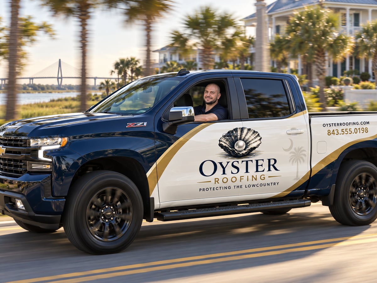 Jeff Ramsden driving the Oyster Roofing truck across the Lowcountry