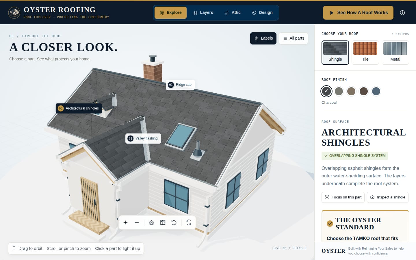 The Oyster Roofing 3D roof explorer: a house model with labeled ridge cap, valley flashing and architectural shingles, and a panel to switch between shingle and metal roofs